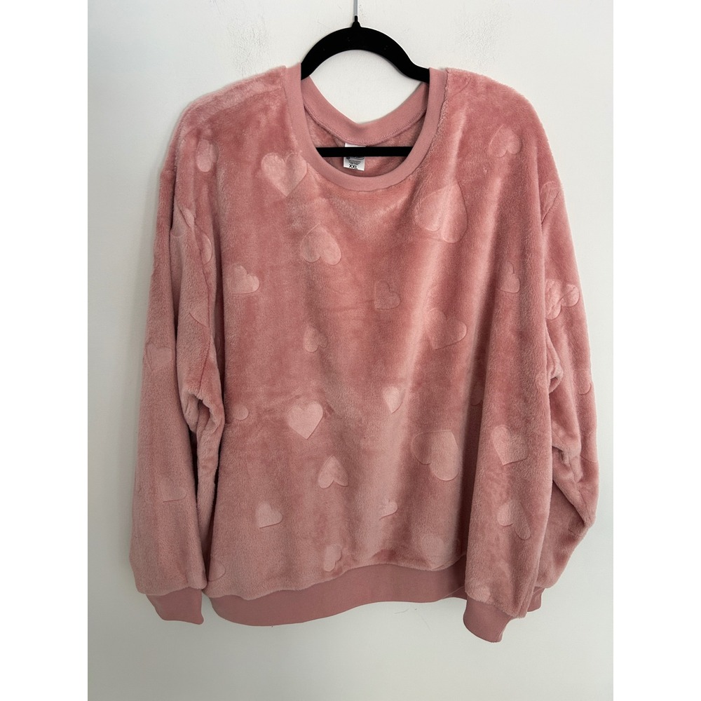 Fleurish Pink Faux Fur Heart Embossed Sweatshirt Womens XXL Crewneck Pullover